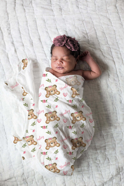 Pink Floral Personalized Baby Swaddle Set, Floral Bear Hospital Baby Girl Blanket - Beary Pink