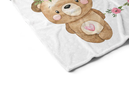 Personalized Floral Bear Milestone Blanket, Girl Woodland Blanket - Beary Pink