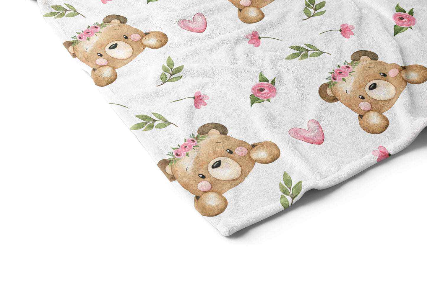 Floral Bear Minky Blanket - Girl Bear Nursery Bedding - Beary Pink