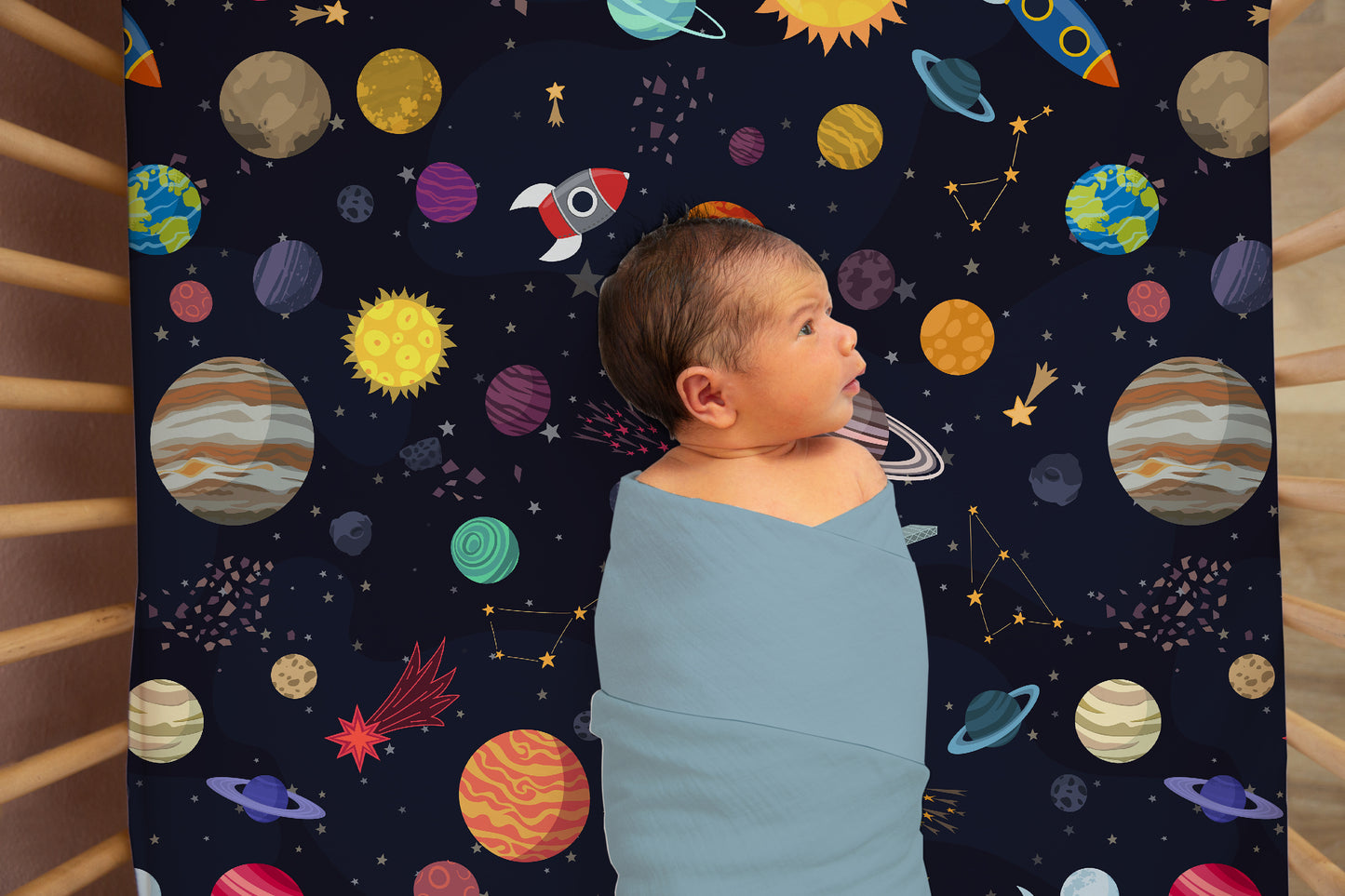 Outer Space Minky Crib Sheet, Space Nursery Bedding