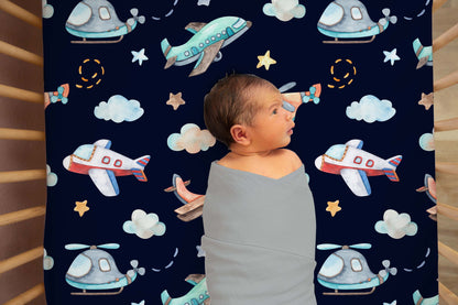 Airplanes Crib Sheet, Aviation Nursery Bedding- Night Flight