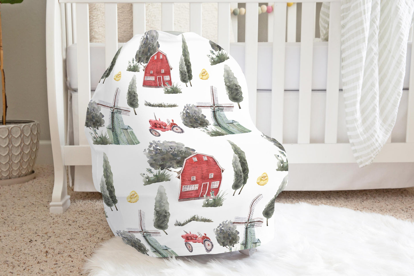 Red barn car seat cover | Farm nursing baby cover