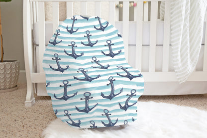 Stripped Anchor Car Seat Cover, Nautical Nursing Cover -  Nautical Blue