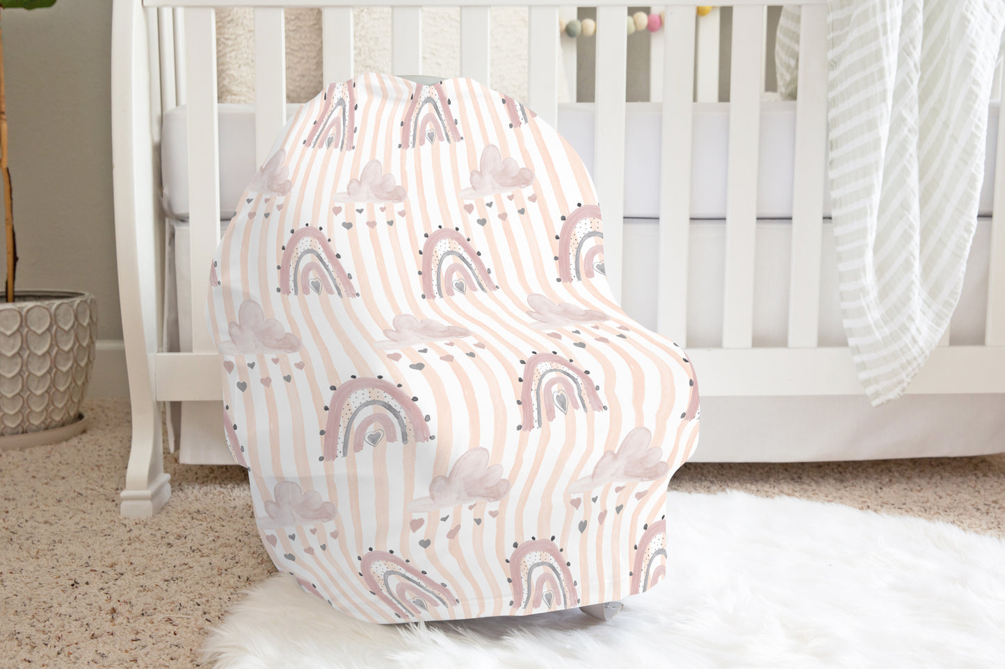 Pink Stripes Car Seat Cover, Rainbow Nursing Cover - Blush Rainbow