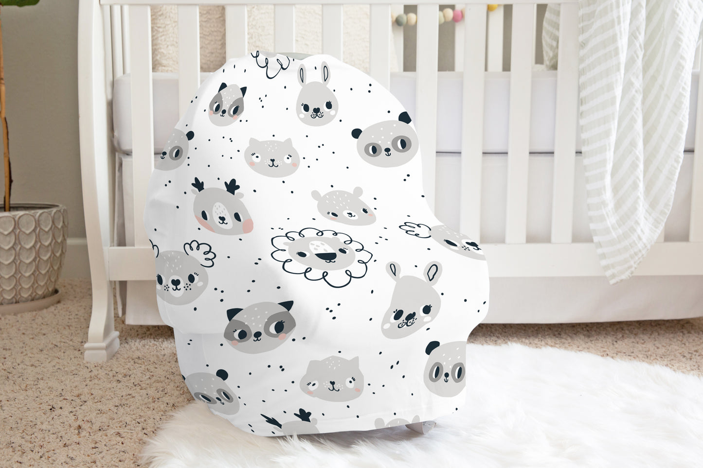 Scandinavian Face Animals Car Seat Cover, Neutral Nursing Cover - Scandinavian Rainbow Babies