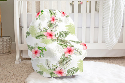 White Tropical Leaves Car Seat Cover, Floral Nursing Cover