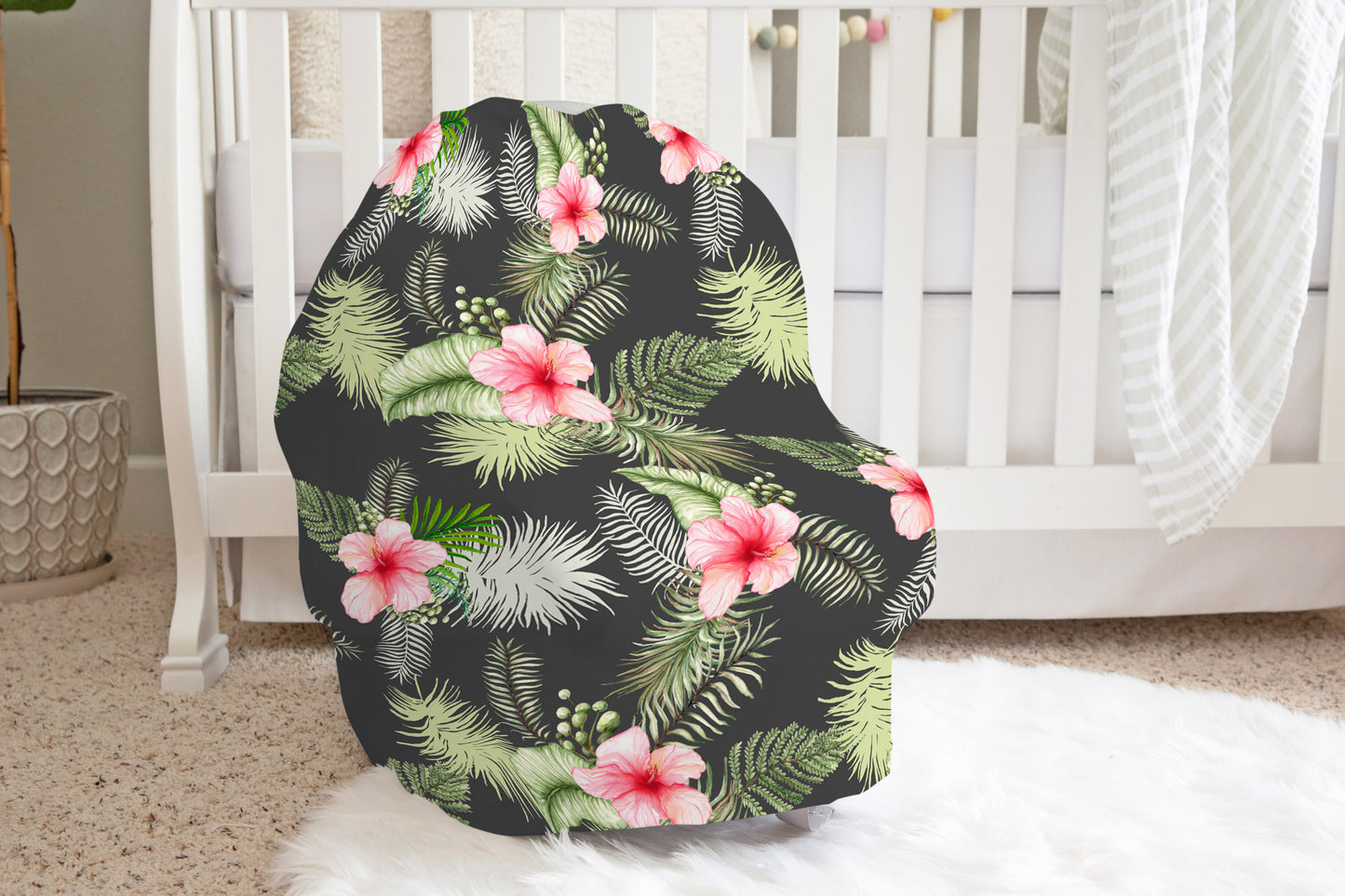 Black Tropical Leaves Car Seat Cover, Floral Nursing Cover