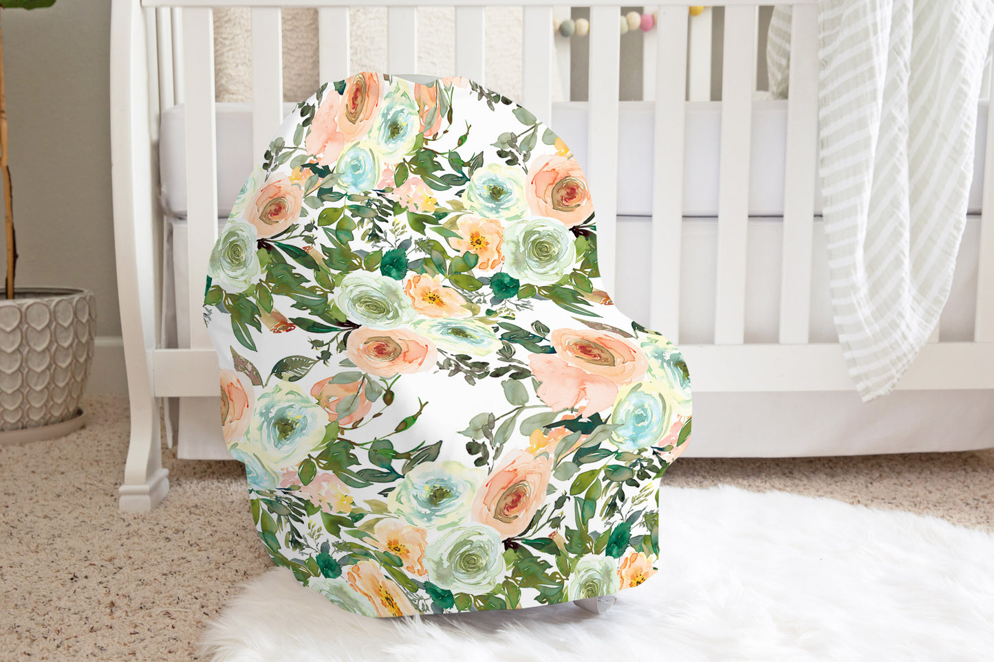 Floral Car Seat Cover, Baby Girl Nursing Cover - Peach Mint Garden