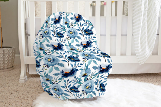 Indigo Blue Floral Car Seat Cover, Floral Nursing Cover