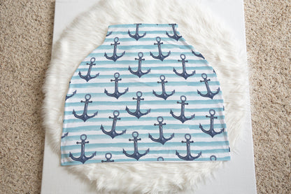 Stripped Anchor Car Seat Cover, Nautical Nursing Cover -  Nautical Blue