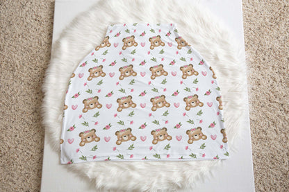 Floral Bear Car Seat Cover. Girl Woodland Nursing Cover - Beary Pink