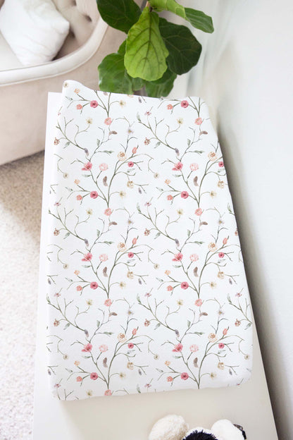 Mauve Floral Changing Pad, Boho Floral Nursery Bedding - Blush Wildflowers