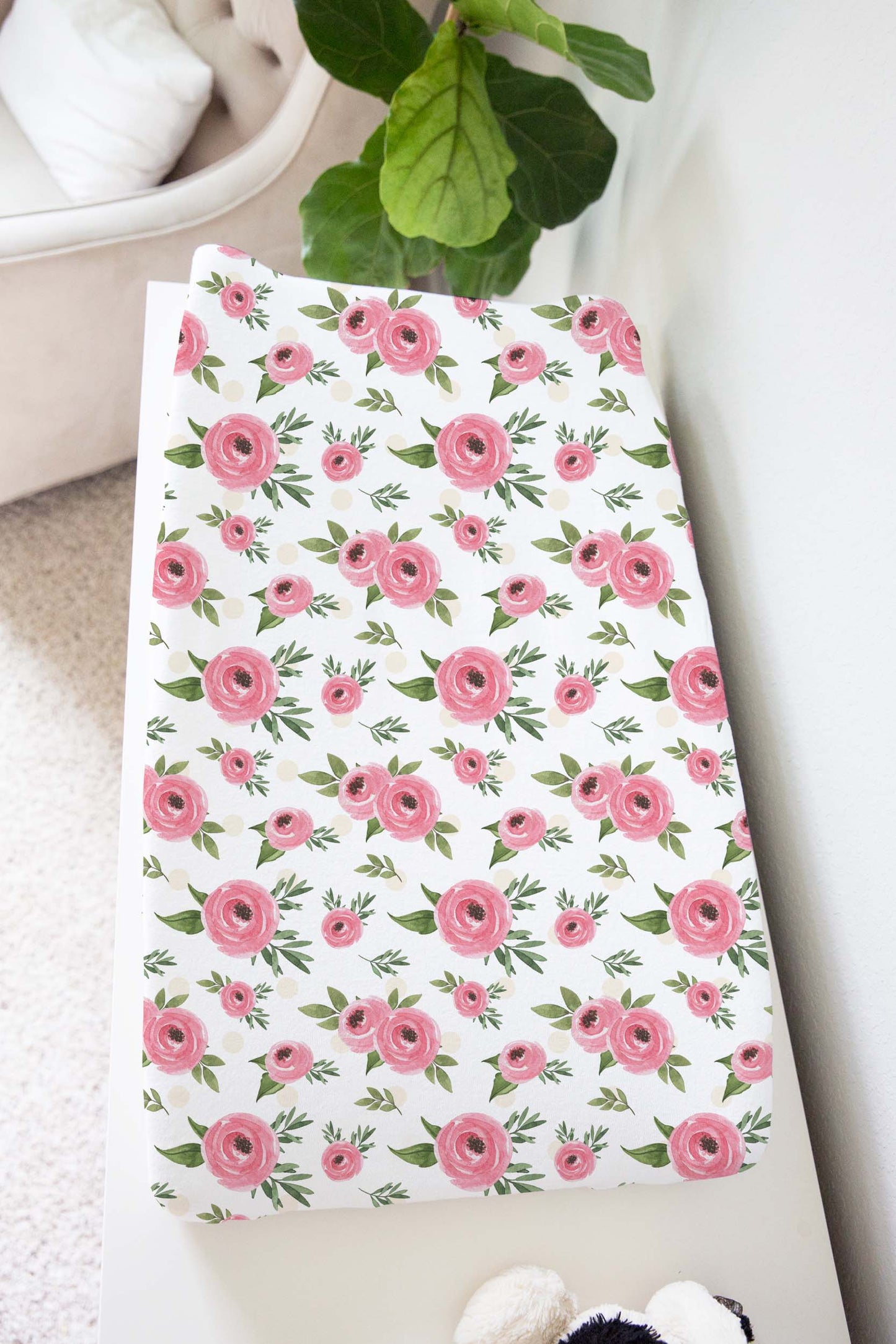 Floral Pink Changing Pad Cover, Pink Roses Nursery Bedding - Beary Pink