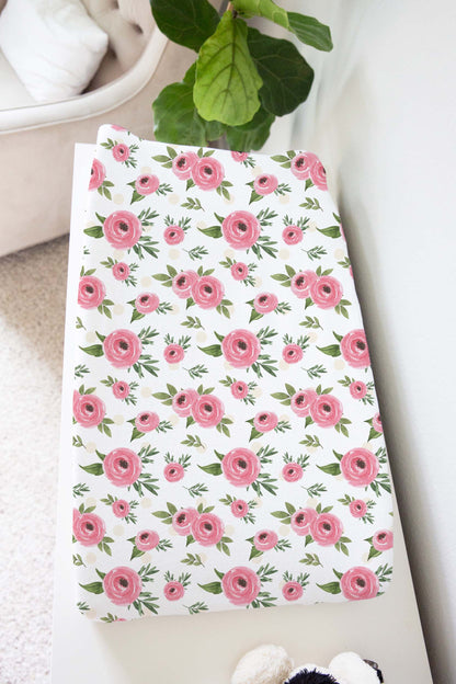 Floral Pink Changing Pad Cover, Pink Roses Nursery Bedding - Beary Pink