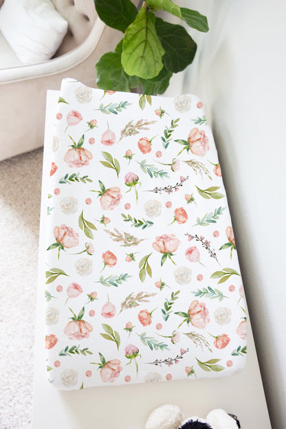 White Floral Changing Pad Cover, Baby Girl Nursery Decor - Pastel Garden