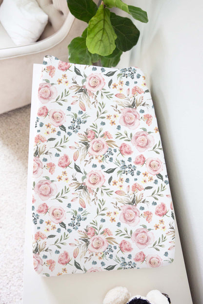 Pink Roses Changing Pad Cover, Watercolor Floral Baby Girl Nursery - Candy Rose