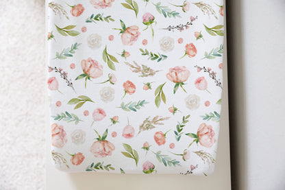 White Floral Changing Pad Cover, Baby Girl Nursery Decor - Pastel Garden