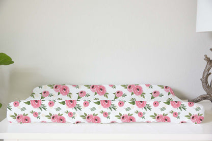 Floral Pink Changing Pad Cover, Pink Roses Nursery Bedding - Beary Pink