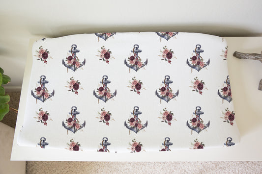 Floral Anchor Changing Pad Cover, Girl Nautical Nursery Decor - Nautical Bloom