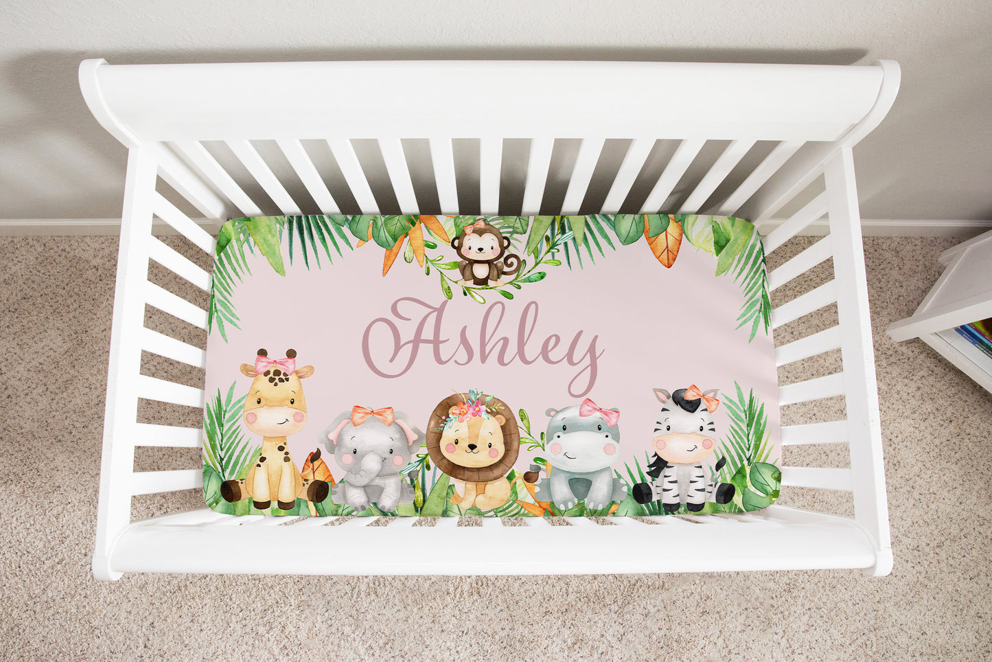 Safari Animals Pink Personalized Minky Crib Sheet, Jungle Girl Nursery Bedding - Girl Safari Explorer