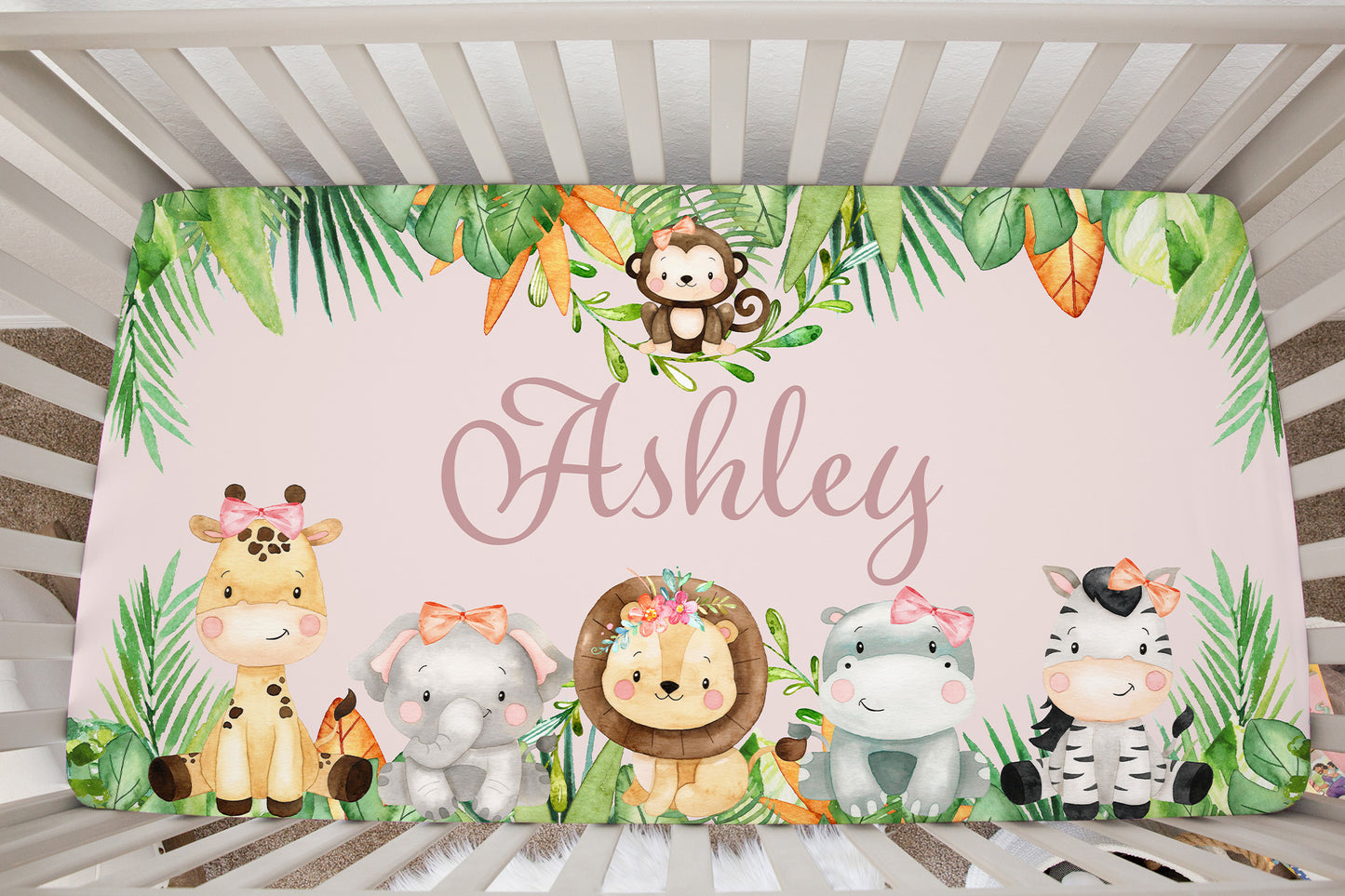 Safari Animals Pink Personalized Minky Crib Sheet, Jungle Girl Nursery Bedding - Girl Safari Explorer