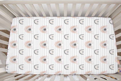 Gray Stripes Rainbow Minky Crib Sheet, Rainbow Nursery Bedding- Blush Rainbow