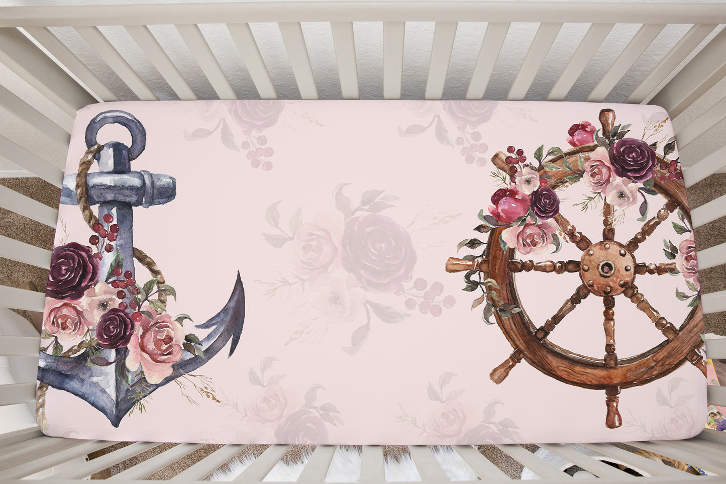 Anchor and Helm Minky Crib Sheet, Nautical Girl Nursery Bedding - Nautical Bloom