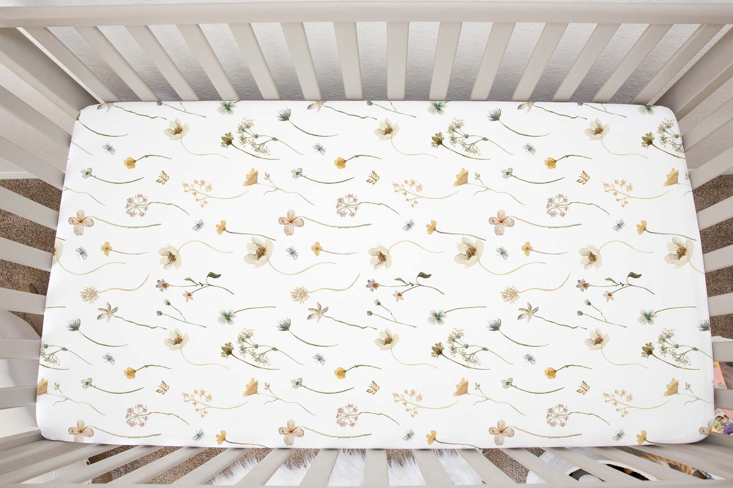 Wild Flower Crib Sheet, Floral Girl Nursery Bedding - Mustard Wildflowers