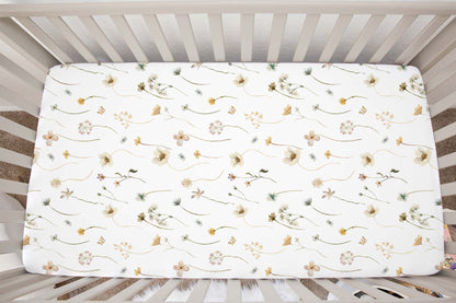 Wild Flower Crib Sheet, Floral Girl Nursery Bedding - Mustard Wildflowers