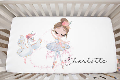 Swan and Ballerina Personalized Crib Sheet, Ballet Nursery Bedding - Sweet Ballet