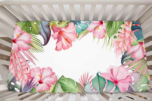 Tropical Flowers  Minky Crib Sheet, Floral Nursery Bedding