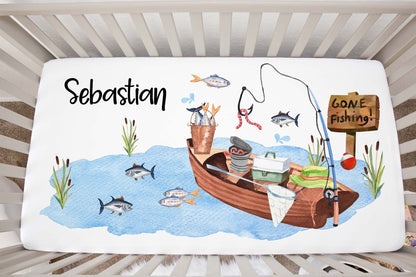 Fishing Personalized Crib Sheet, Fishing Nursery Bedding - Little Fisherman