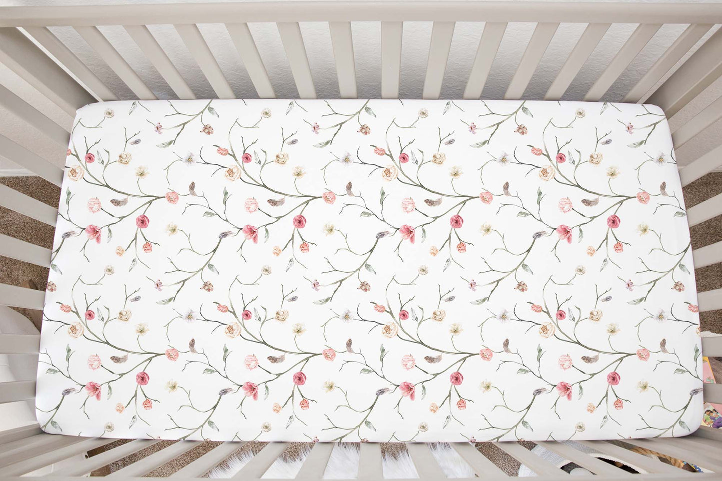 Boho Floral Crib Sheet, Girl Floral Nursery Bedding - Blush Wildflowers