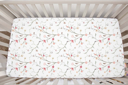 Boho Floral Crib Sheet, Girl Floral Nursery Bedding - Blush Wildflowers