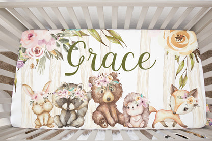 Woodland girl Personalized Crib Sheet, Forest Baby Girl Nursery Bedding - Forest Friends