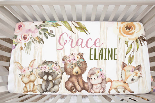 Woodland girl Personalized Crib Sheet, Forest Baby Girl Nursery Bedding - Forest Friends