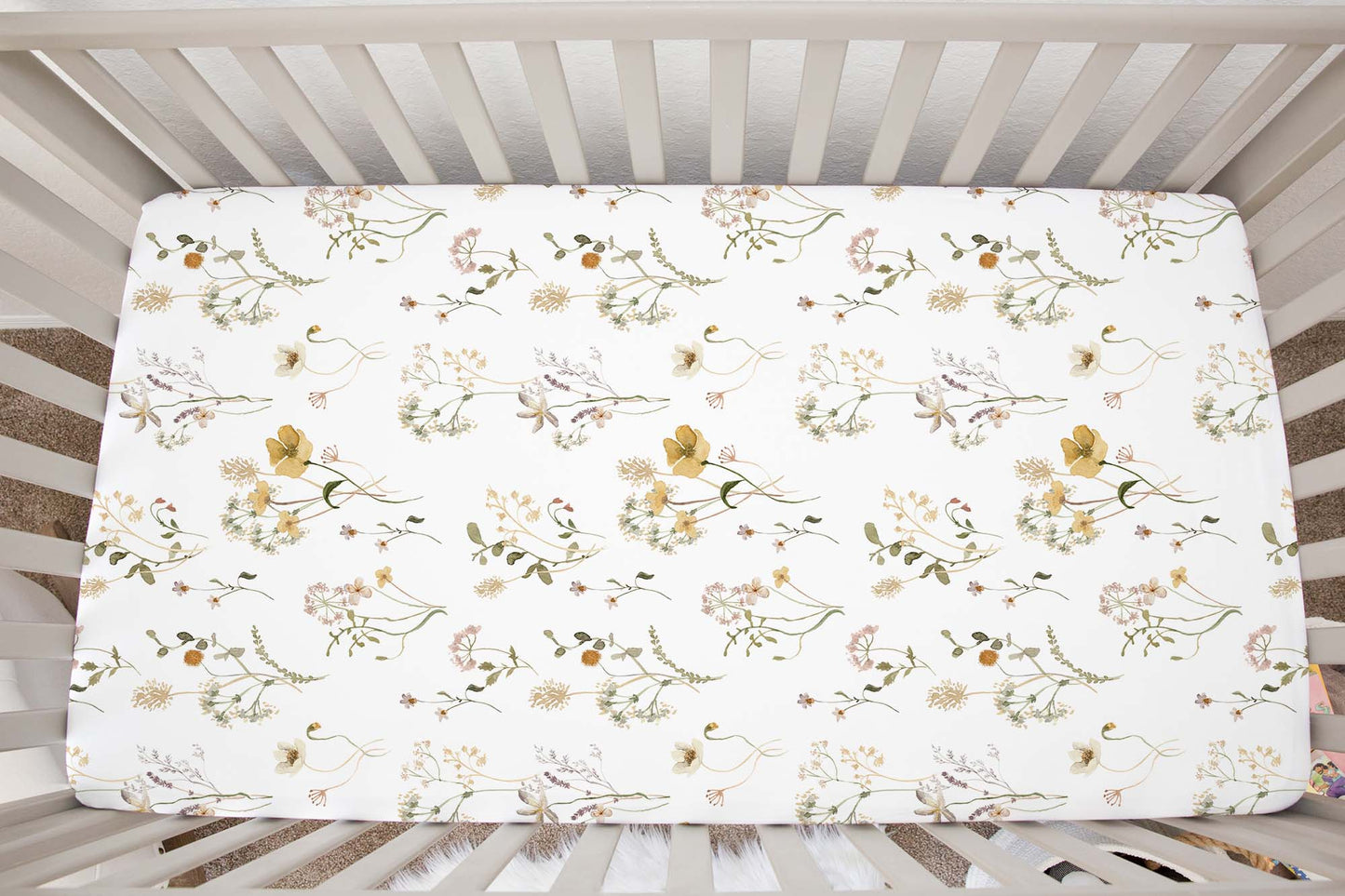 Wild Flowers Crib Sheet, Boho Floral Girl Nursery Bedding - Mustard Wildflowers