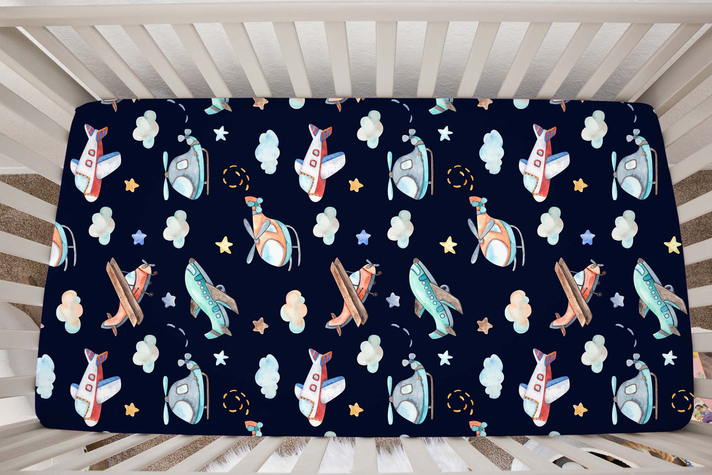 Airplanes Crib Sheet, Aviation Nursery Bedding- Night Flight