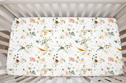 Wild Flowers Crib Sheet, Boho Floral Girl Nursery Bedding - Vintage Garden