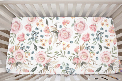 Pink Floral Crib Sheet, Roses Girl Nursery Bedding - Candy Rose