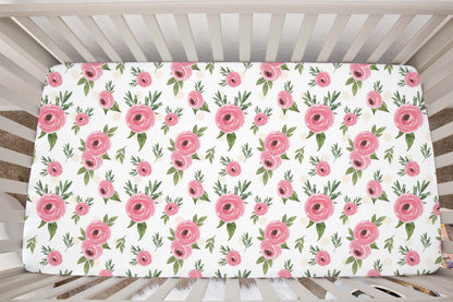 Pink Floral Crib Sheet, Roses Nursery Bedding - Beary pink