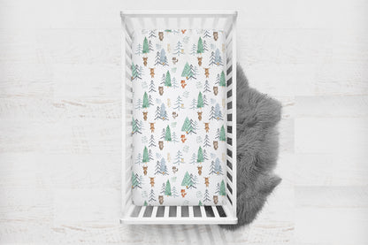 Scandinavian Woodland Crib Sheet, Forest Animals Nursery Bedding - Scandi Woodland