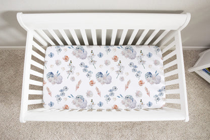 Coral and Dusty Blue Flowers Crib Sheet, Flora Nursery Bedding -Delicate Breeze