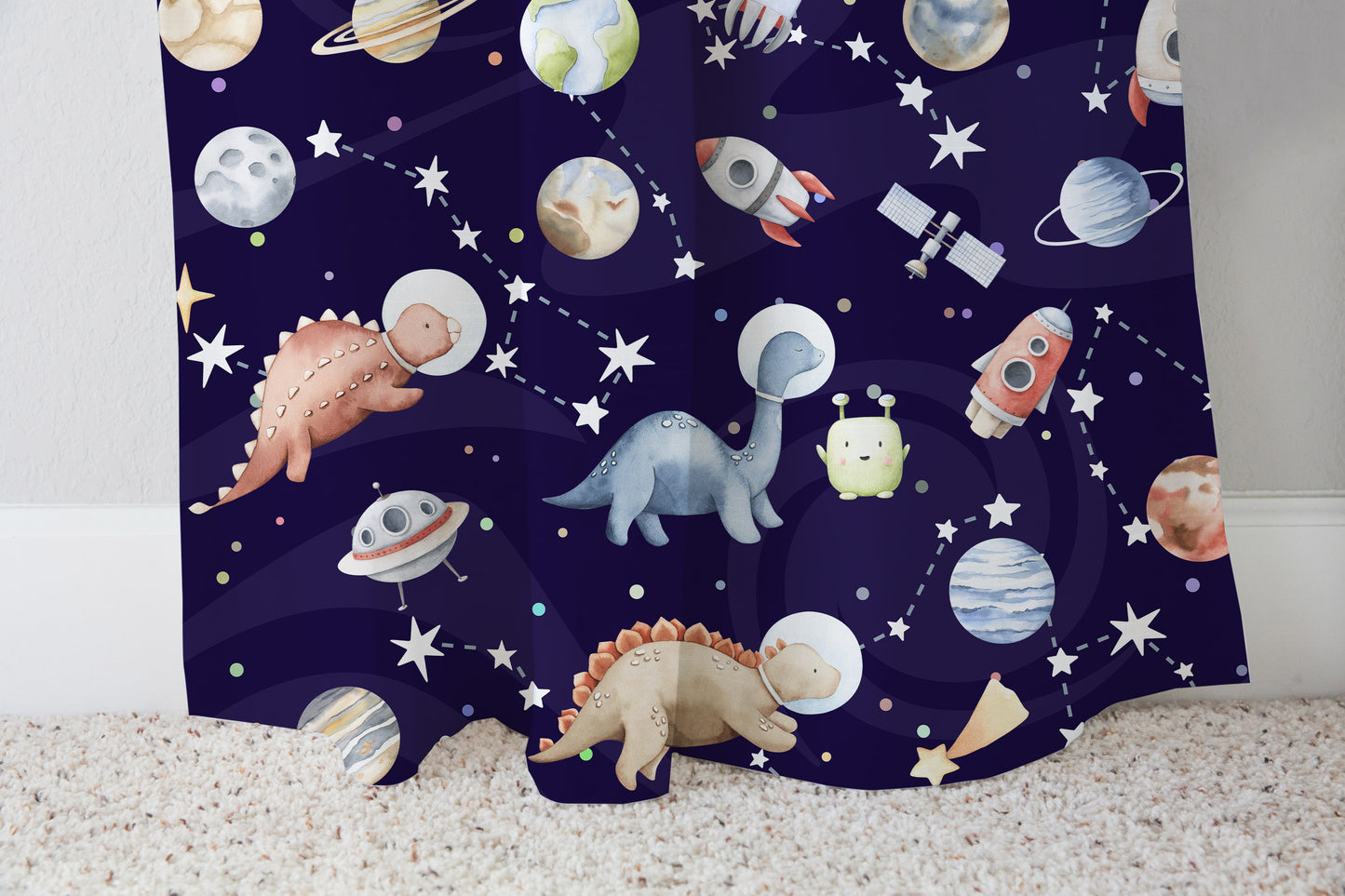 Dinosaur Space Curtain Single Panel, Space Nursery Decor