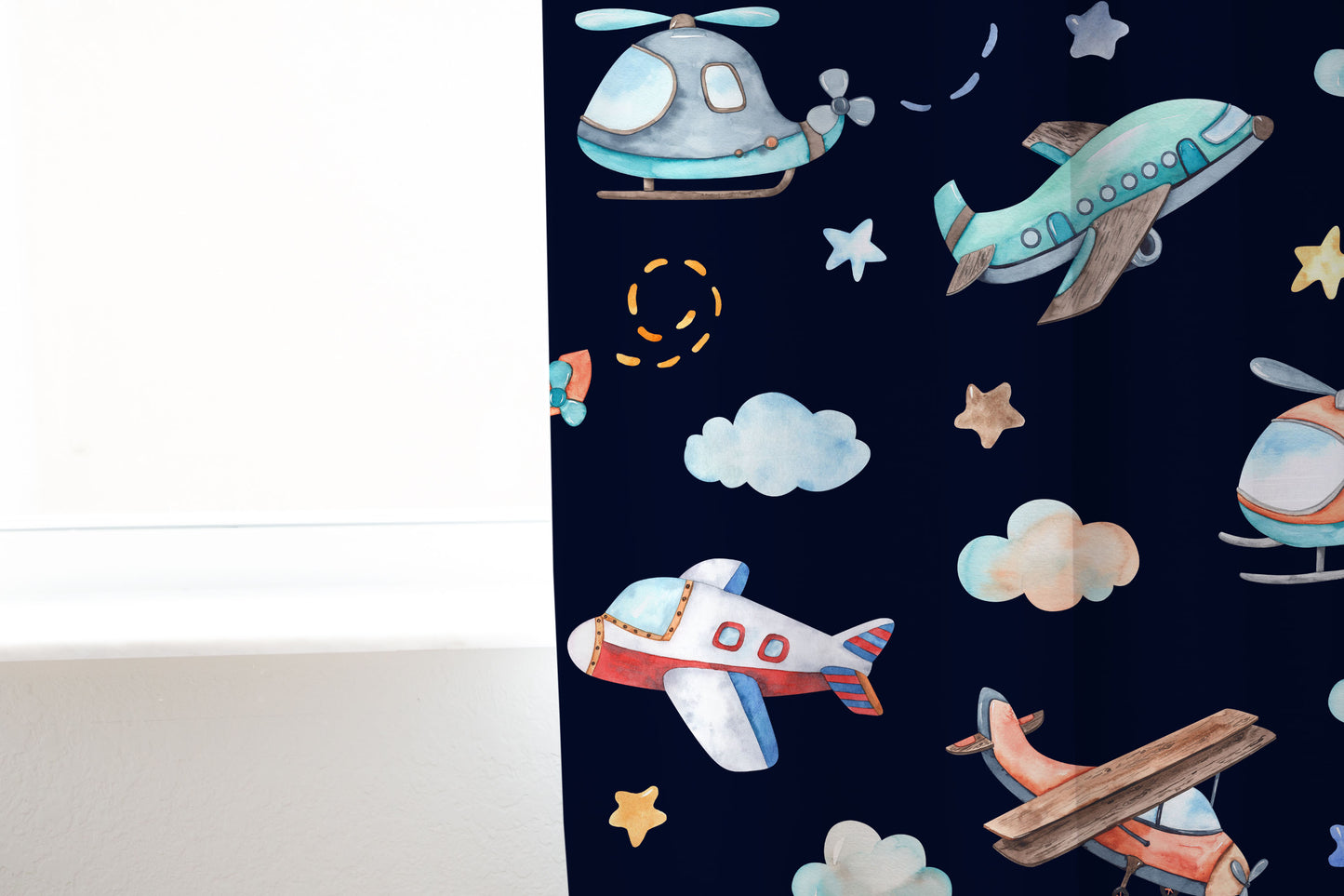 Airplanes Curtain, Single Panel, Aviation nursery decor - Night Flight