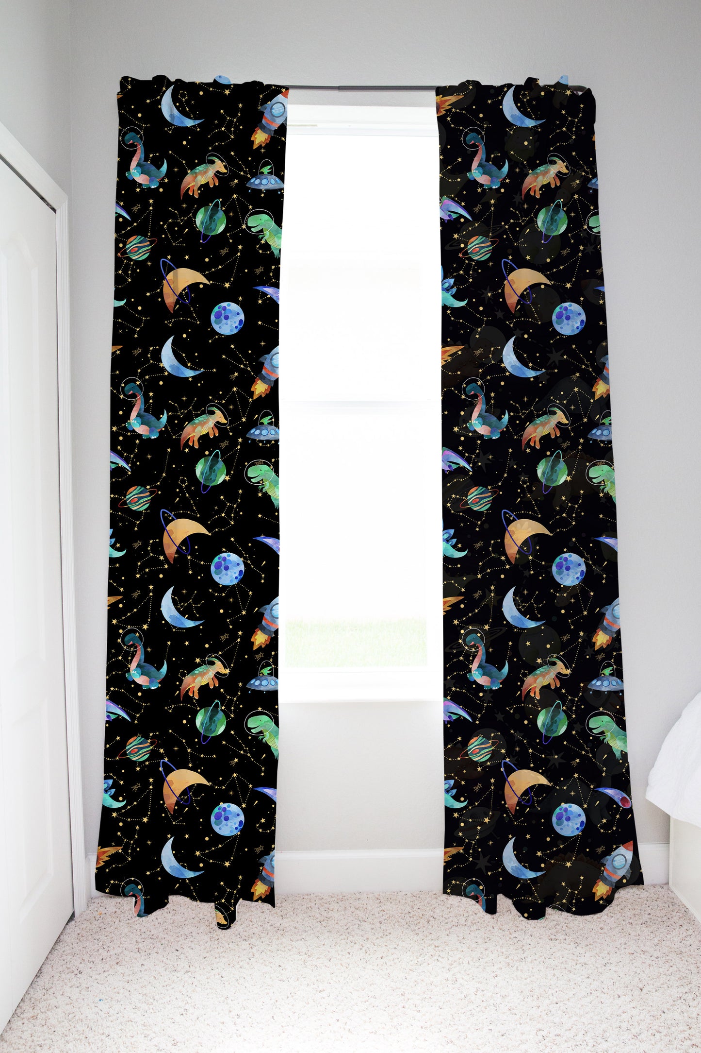 Dino Space Curtain single panel, Planets Nursery Decor