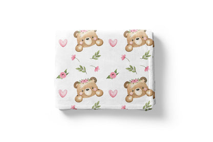 Floral Bear Minky Blanket - Girl Bear Nursery Bedding - Beary Pink