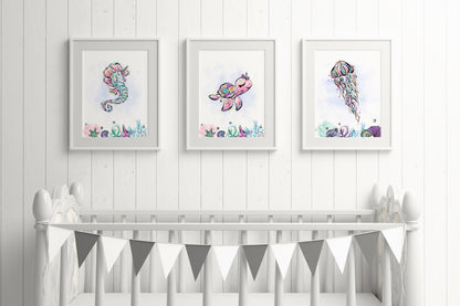 Girl Under The Sea Nursery Prints | Girl Ocean Wall Art Set of 3 - Mermaid World