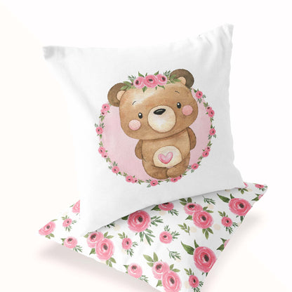 Floral Bear Pillow Cover, Woodland Nursery decor - Beary Pink