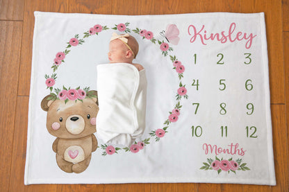 Personalized Floral Bear Milestone Blanket, Girl Woodland Blanket - Beary Pink